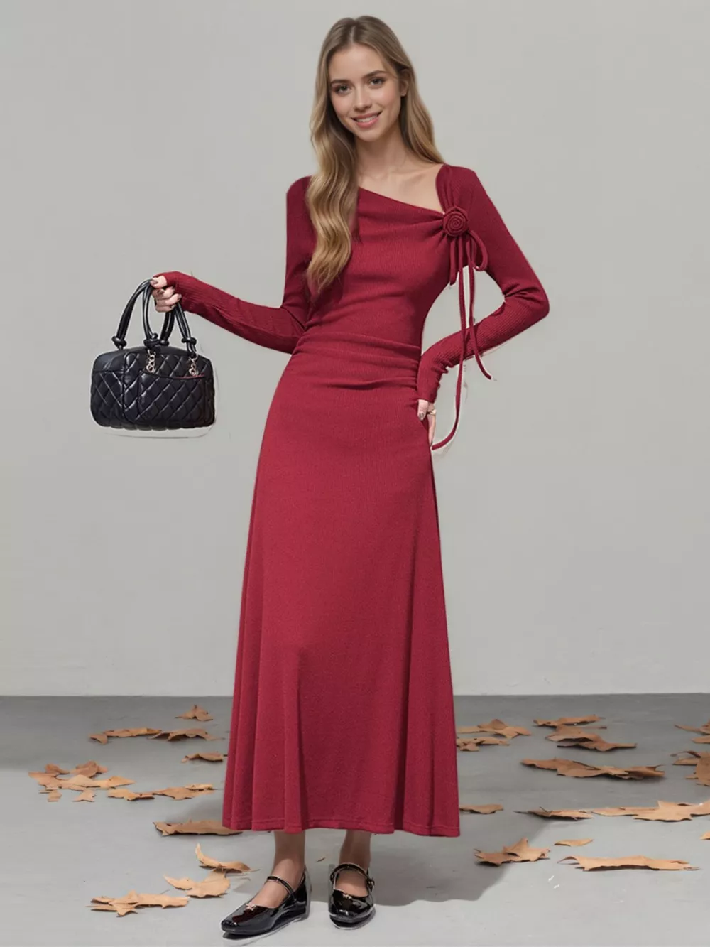 Flower Asymmetrical Neckline Long Sleeve Dress, image 3