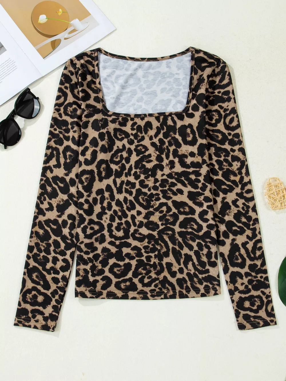 Leopard Print Square Neck Long Sleeve Top, image 8