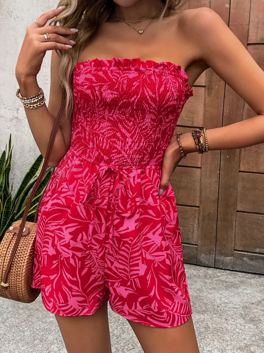 Smocked Printed Tube Romper with Pockets, image 5