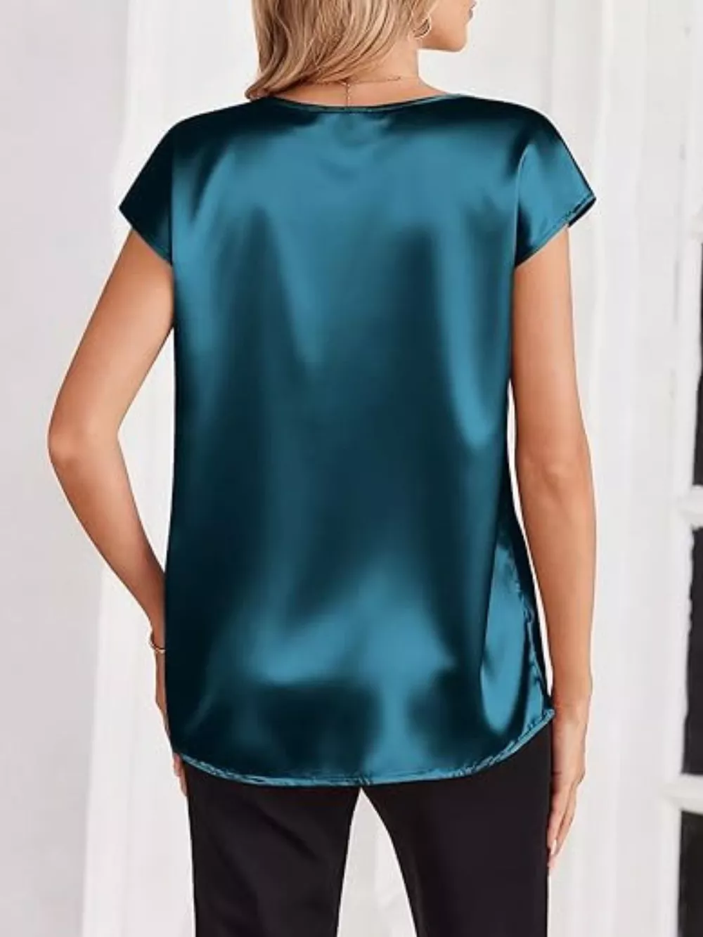 Satin V-Neck Short Sleeve Blouse, image 5
