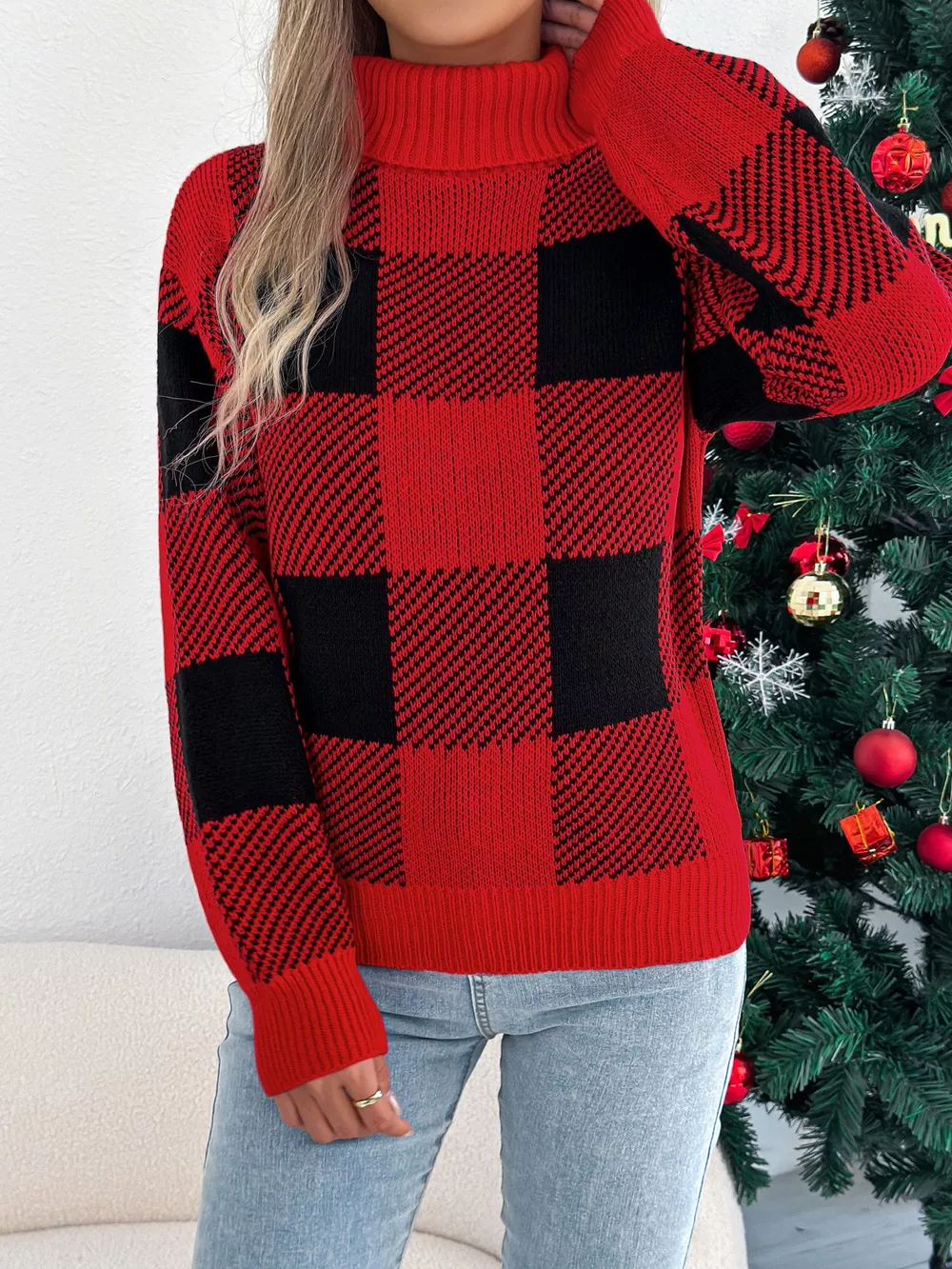 Christmas Plaid Long Sleeve Turtleneck Sweater, image 9
