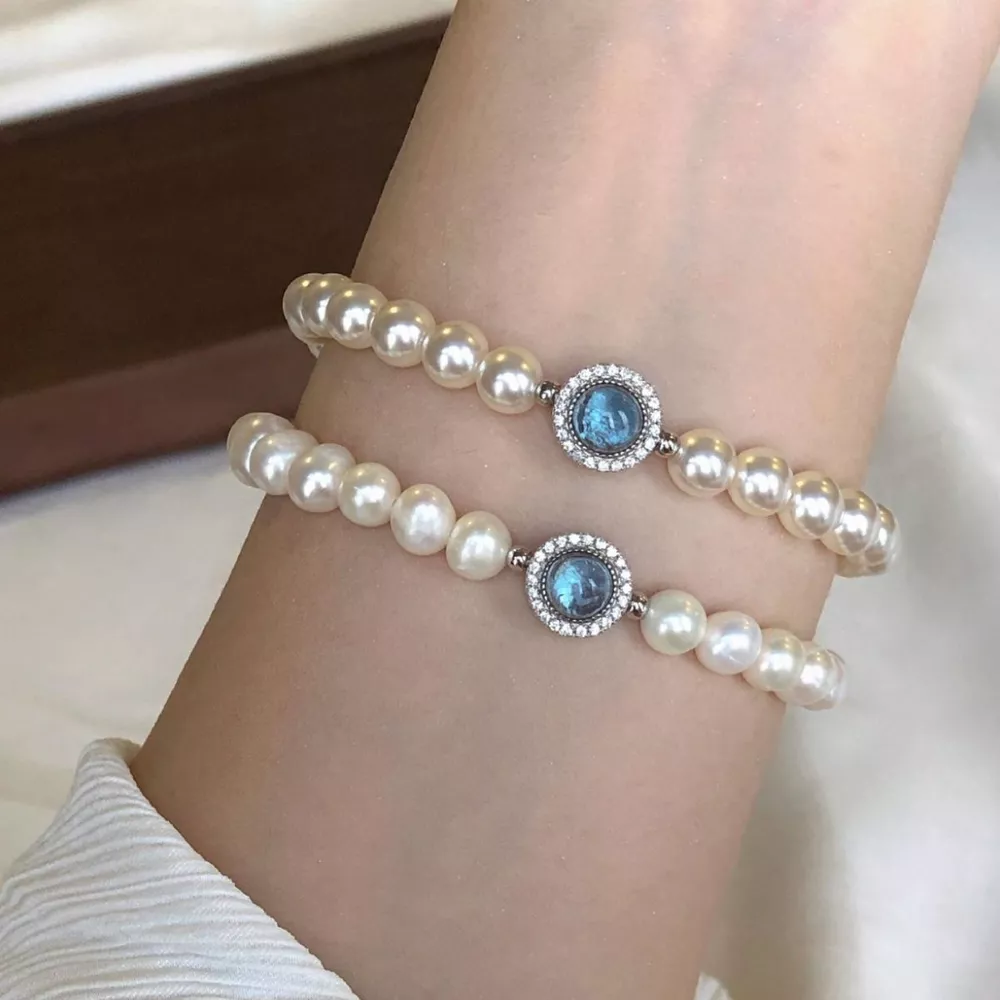 925 Sterling Silver Zircon Bead Pearl Bracelet, image 4