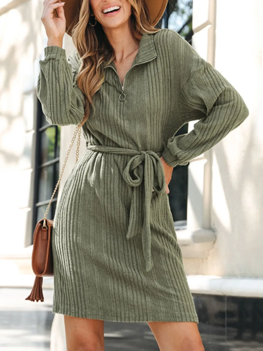 Tied Quarter Zip Long Sleeve Dress, image 3
