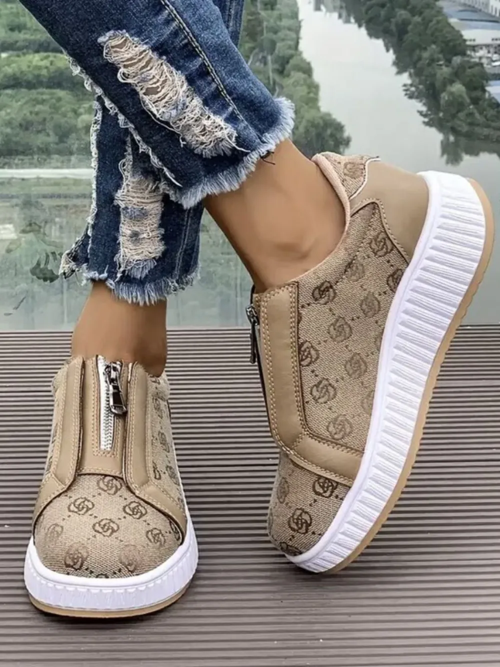 Floral Round Toe Sneakers with Zip, image 6