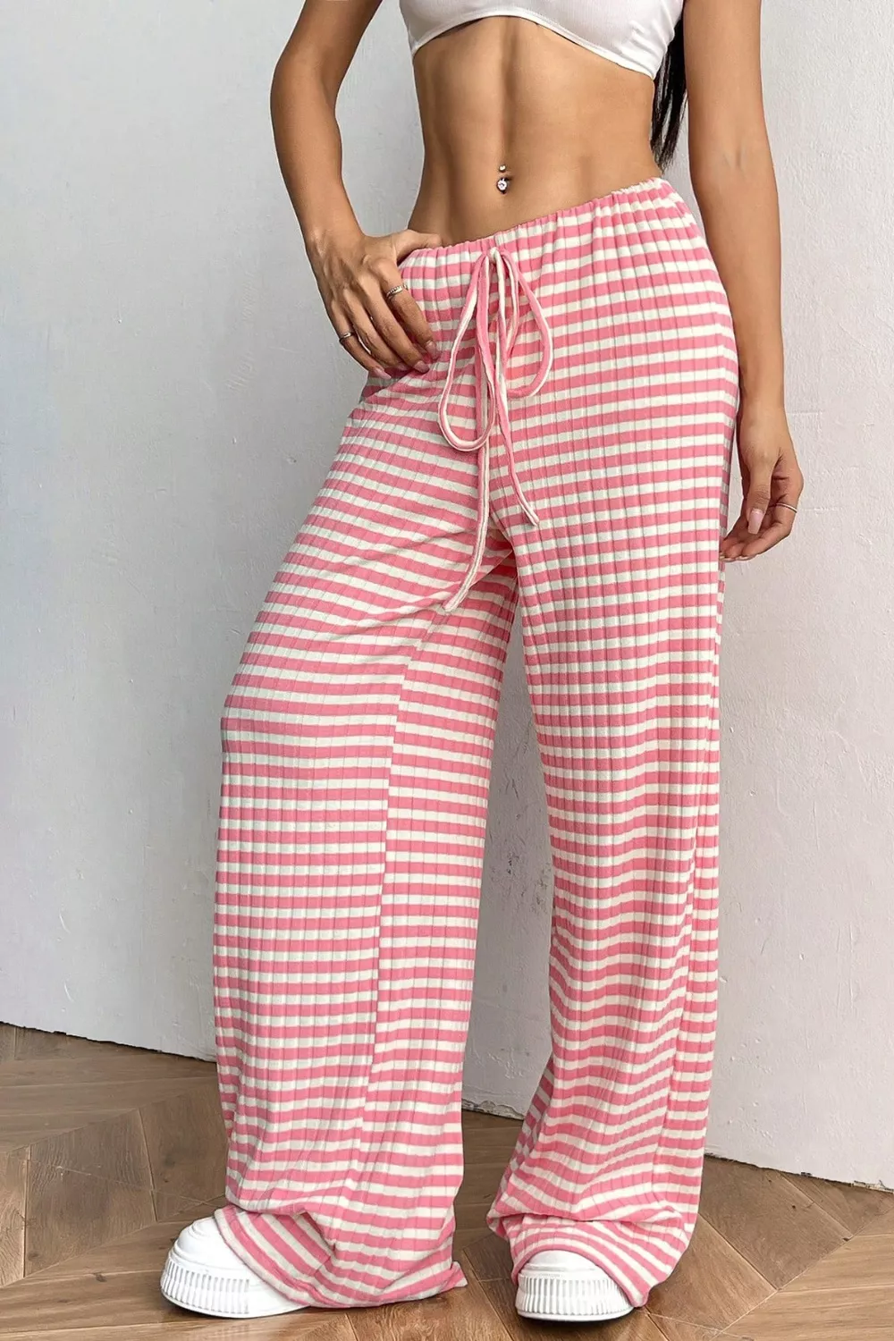 Ribbed Knit Drawstring Wide Leg Pants, image 8