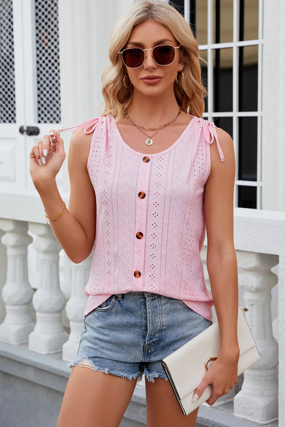 Eyelet Round Neck Wide Strap Tank, image 5