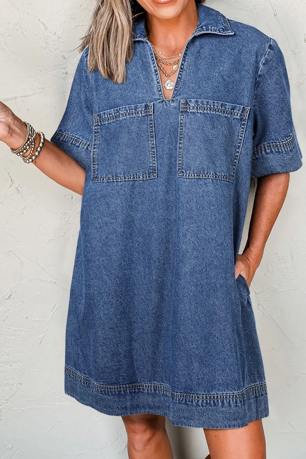 Short Sleeve Collared Patched Pocket Denim Mini Dress, image 9