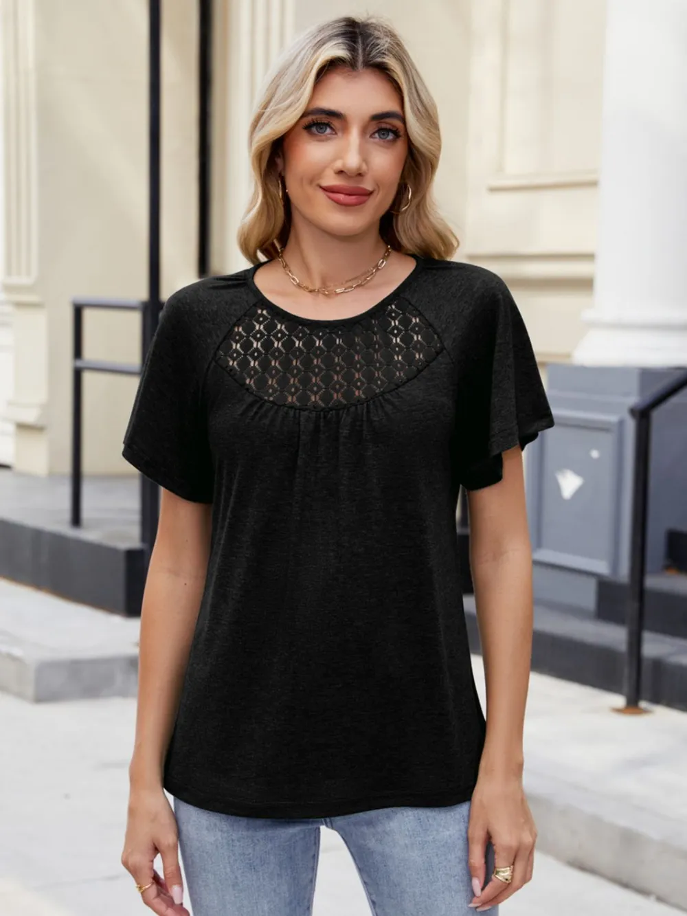 Lace Detail Round Neck Short Sleeve Blouse, image 3