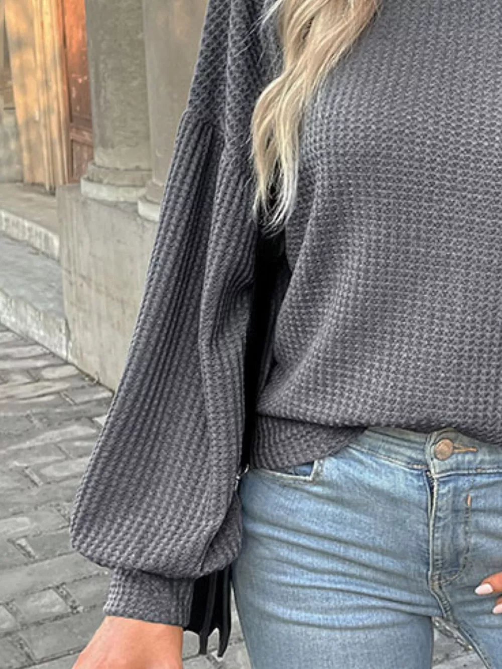 Waffle Knit Round Neck Top, image 4