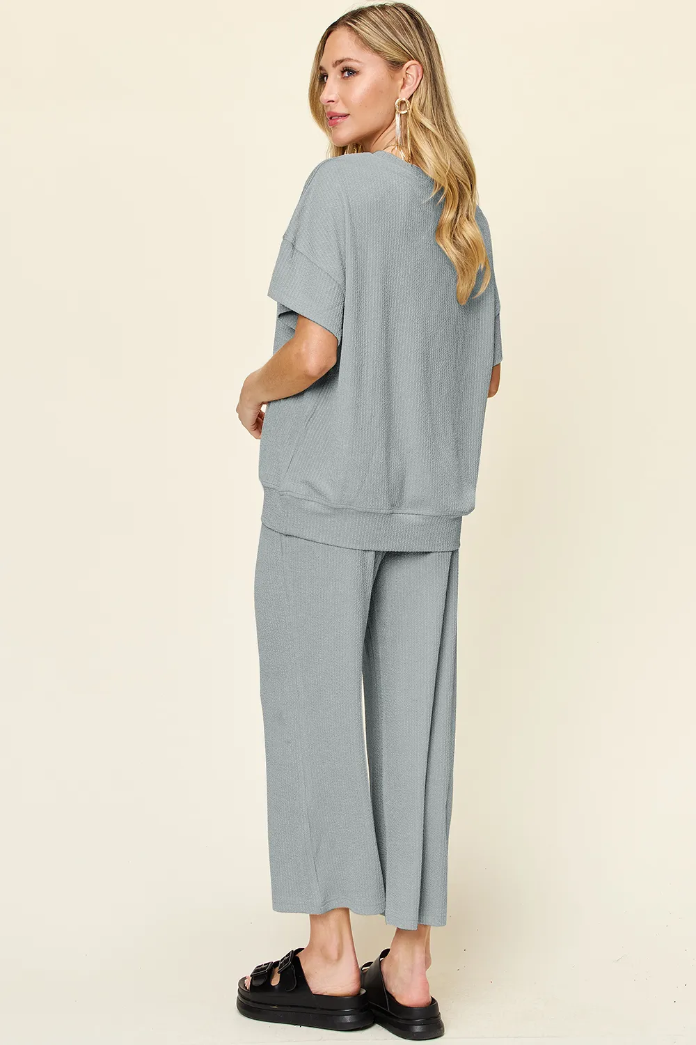 Full Size Texture Round Neck Short Sleeve T-Shirt and Wide Leg Pants, image 15