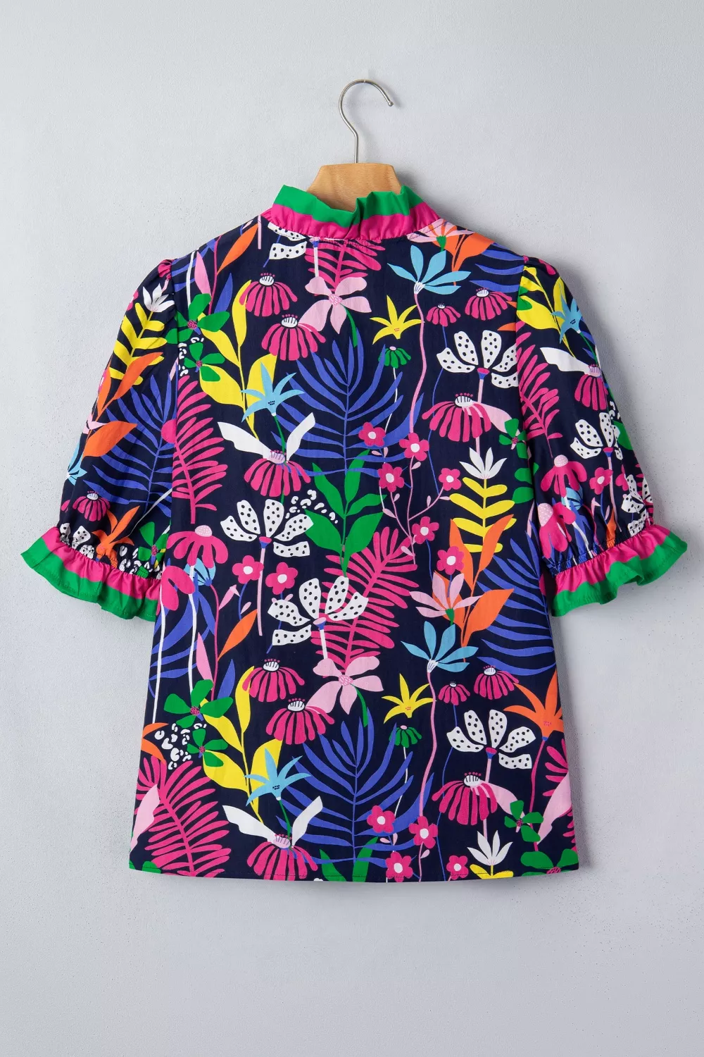 Floral Print Frilled Contrast Striped Trim V Neck Short Sleeve Blouse, image 4