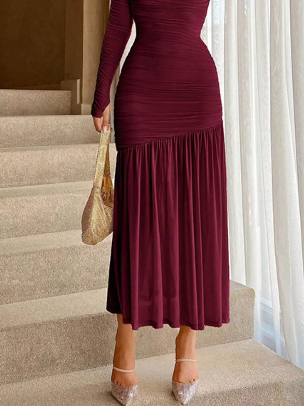 Ruched Long Sleeve Bodycon Midi Dress, image 11