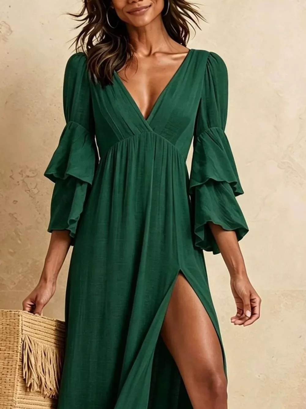 Tiered Ruffle Sleeves High Slit V-Neck Maxi Dress, image 10