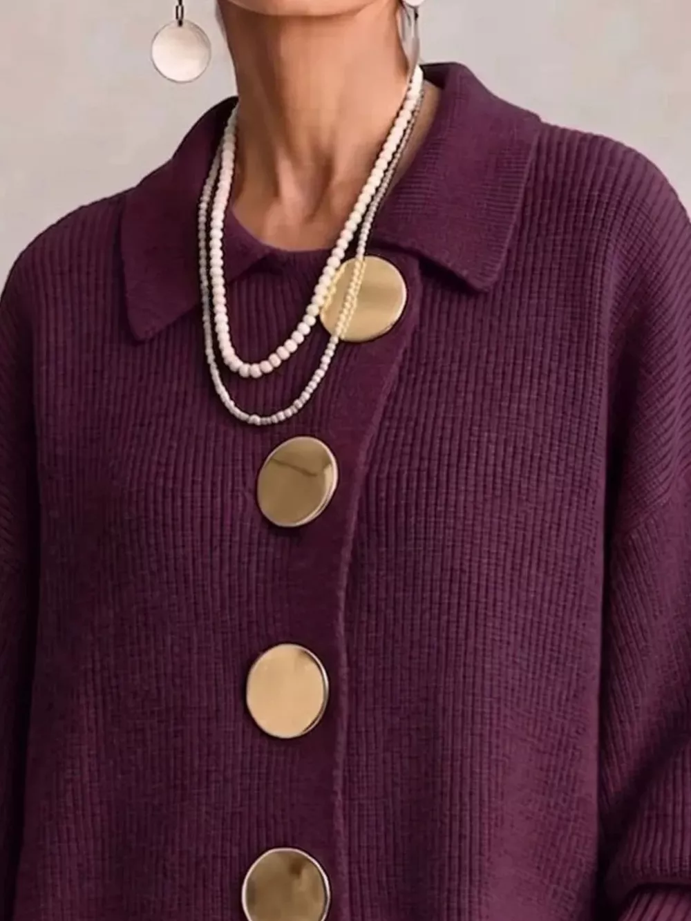 Full Size Gold Buttons Lantern Sleeve Cardigan Plus Size, image 14