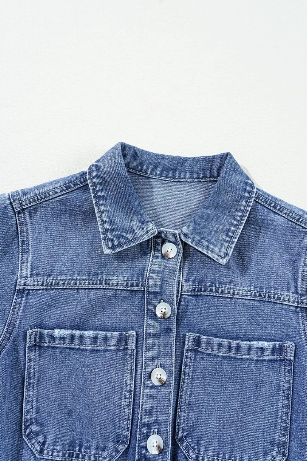 Chest Pocket Front Buttoned Folded Edge Denim Short Sleeve Romper, image 7
