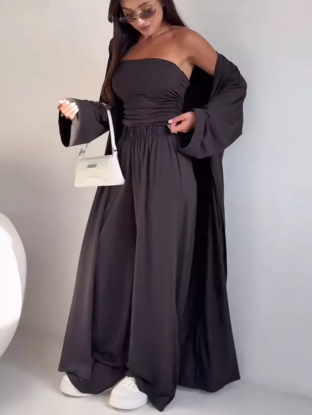 Tube Top & Cardigan & Wide Leg Pants 3-Piece Set, image 7