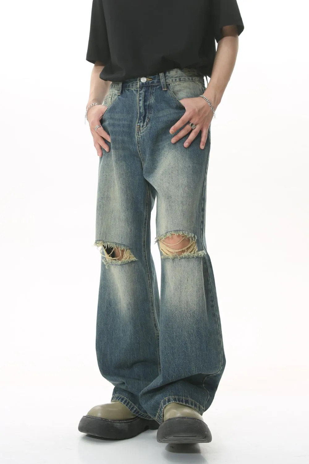 Distressed Wide Leg Men's Jeans, image 2
