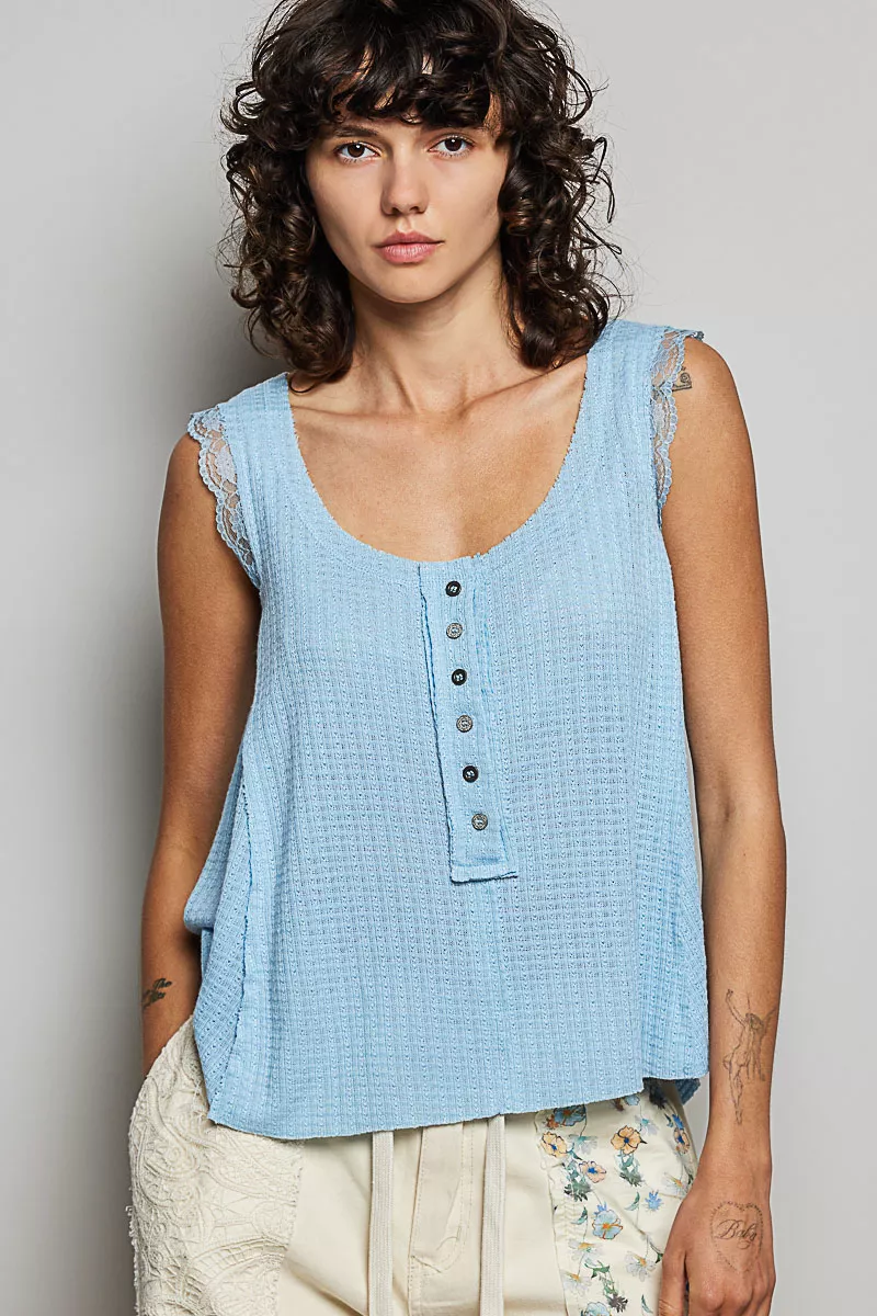 Textured Knit Round Neck Tank with Lace Detail