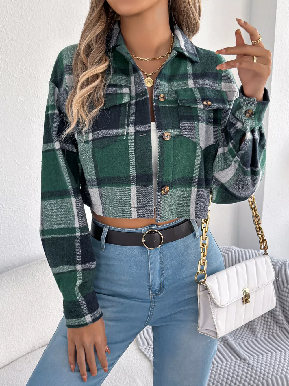 Plaid Button Up Cropped Jacket, image 17