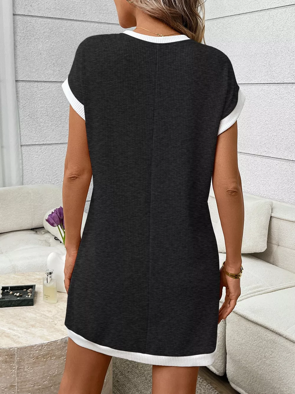 Contrast Trim Ribbed Knit Mini Dress with Pocket, image 29