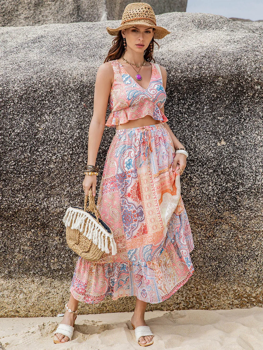 Printed V-Neck Top and Midi Skirt Set, image 4