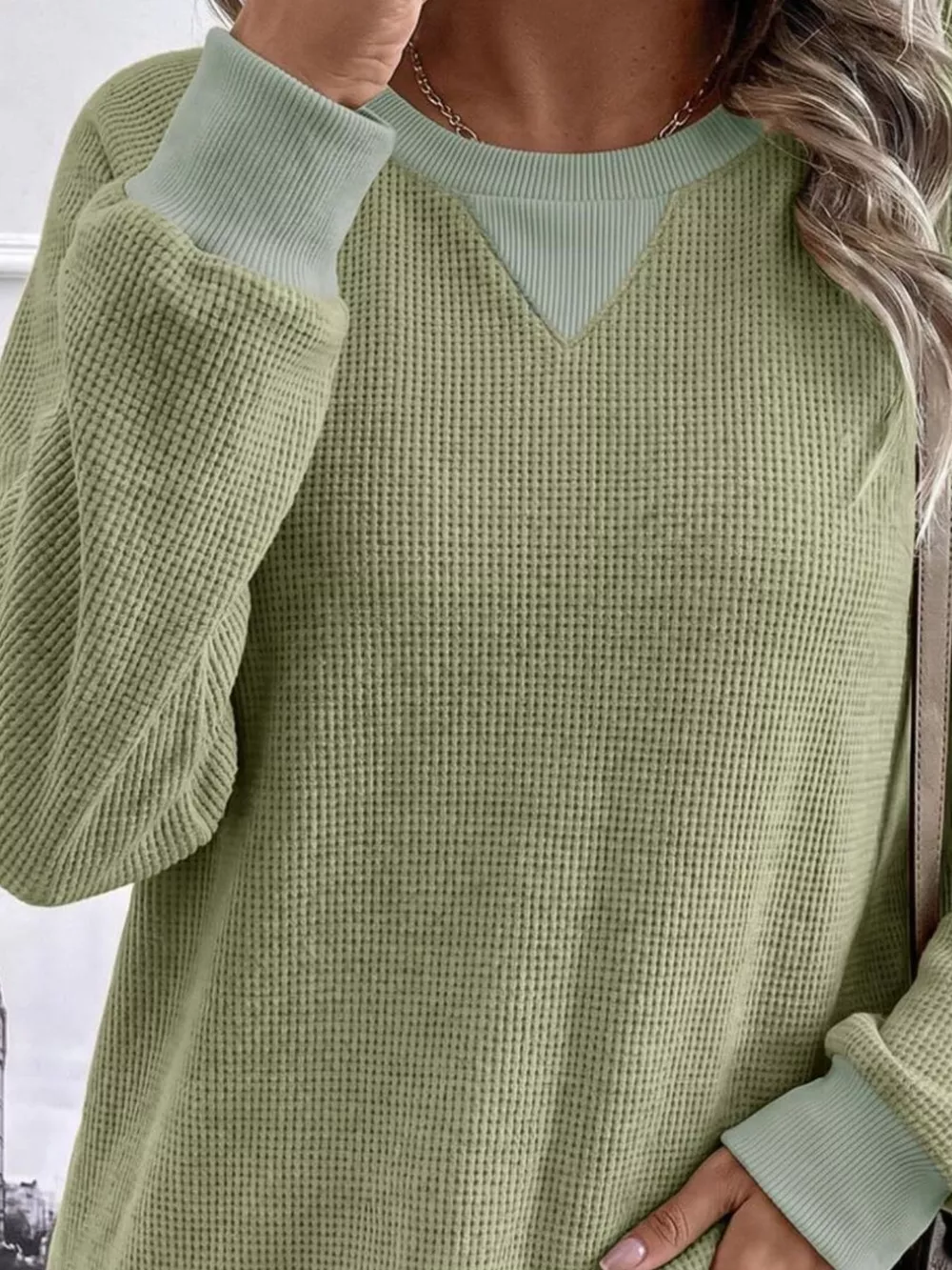 Waffle Knit Crew Neck Long Sleeve Sweatshirt, image 10