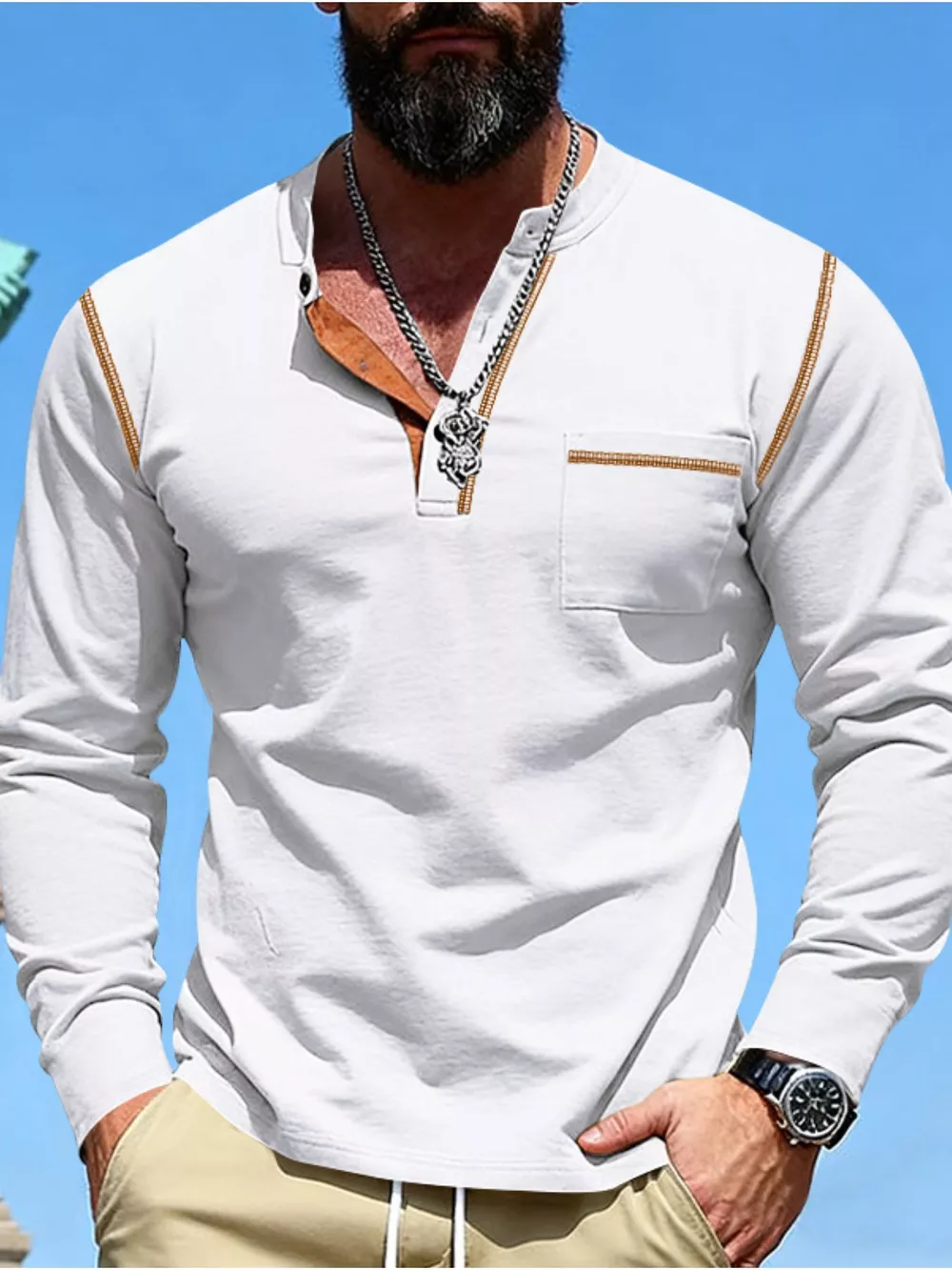 Men's Full Size Casual Long Sleeve Henley T-Shirt with Pocket Plus Size, image 2