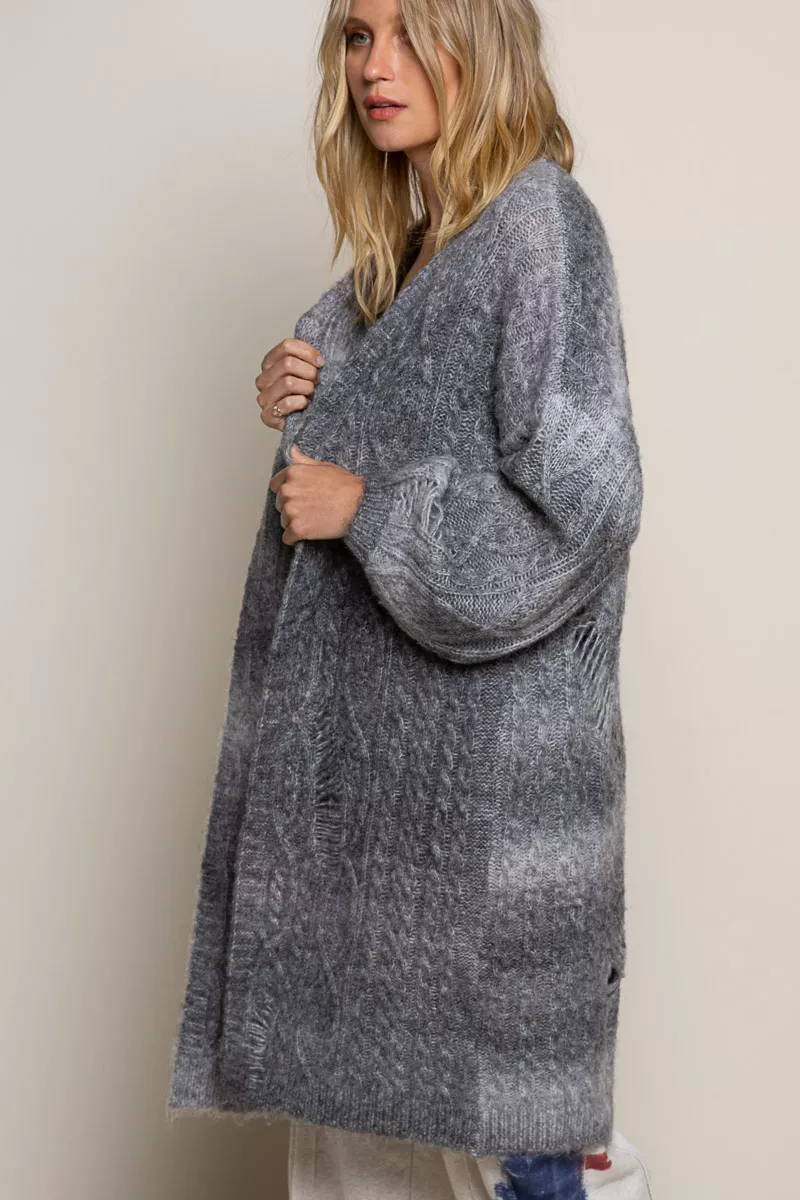 Distressed Cable-Knit Ombre Dying Cardigan, image 2