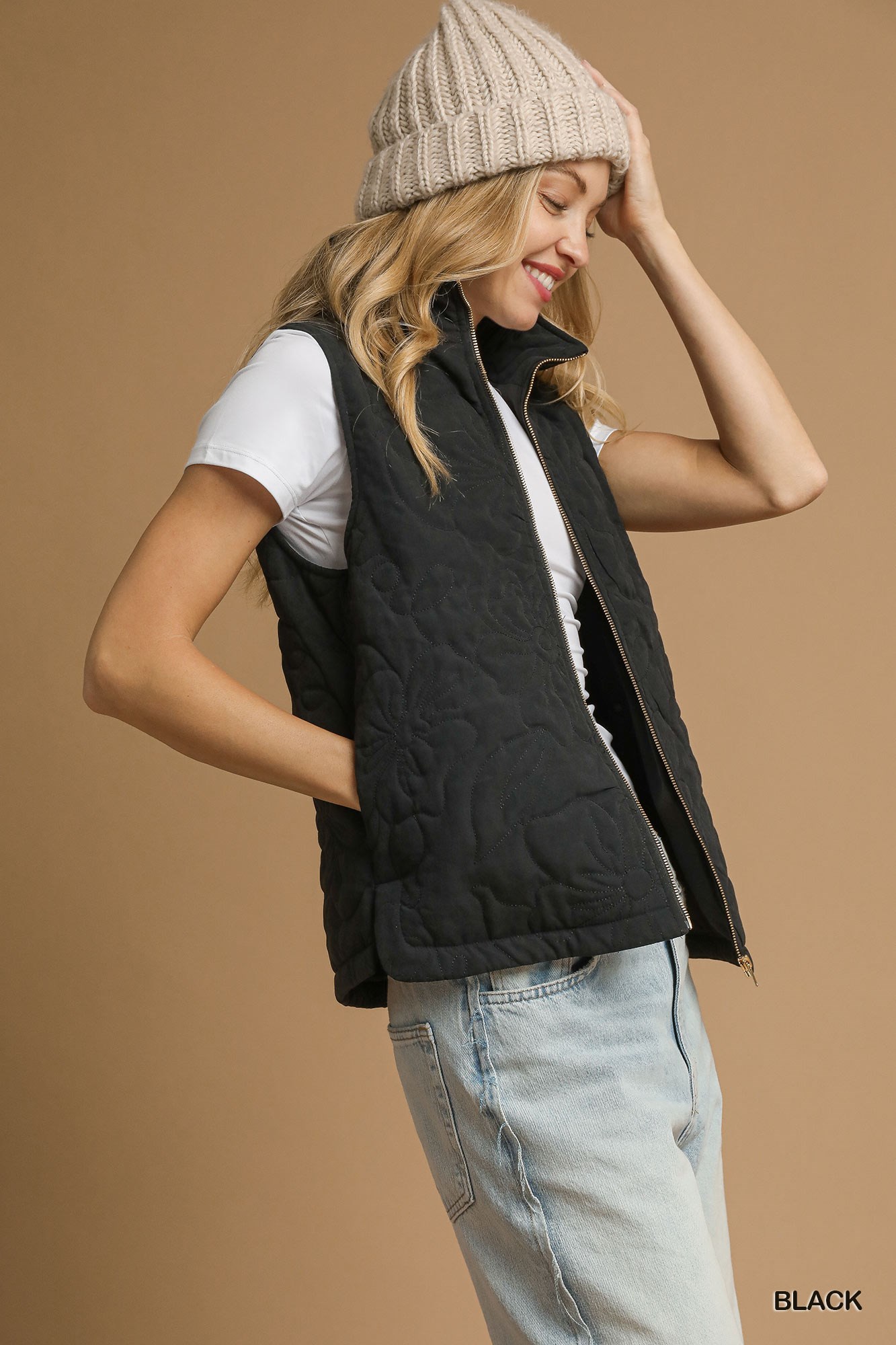 Quilted Floral Zip Up Vest with Pockets, image 2