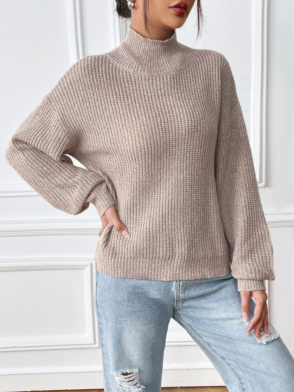 Cozy Knit Turtleneck Dropped Shoulder Sweater, image 3
