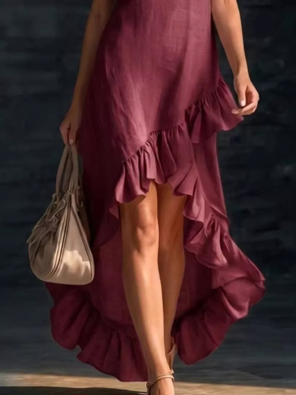 Full Size V-Neck Ruffle Hem High-Low Dress Plus Size, image 4
