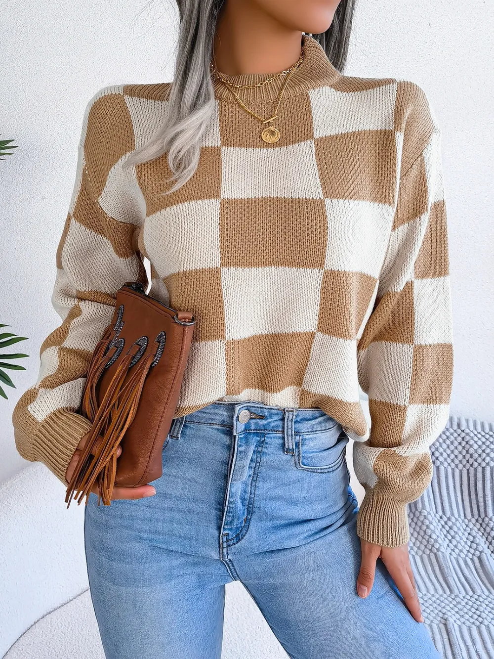 Checkered Mock Neck Long Sleeve Sweater, image 11