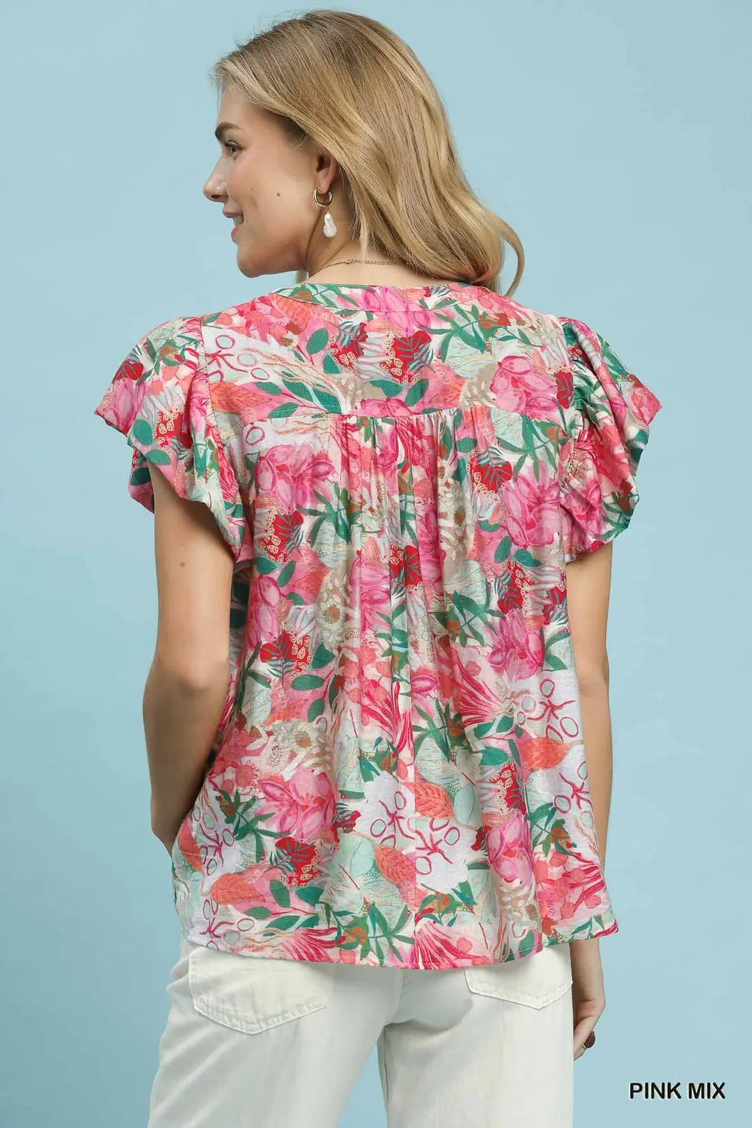 Mix Tropical Print Blouse with Ruffle Cap Sleeves, image 3