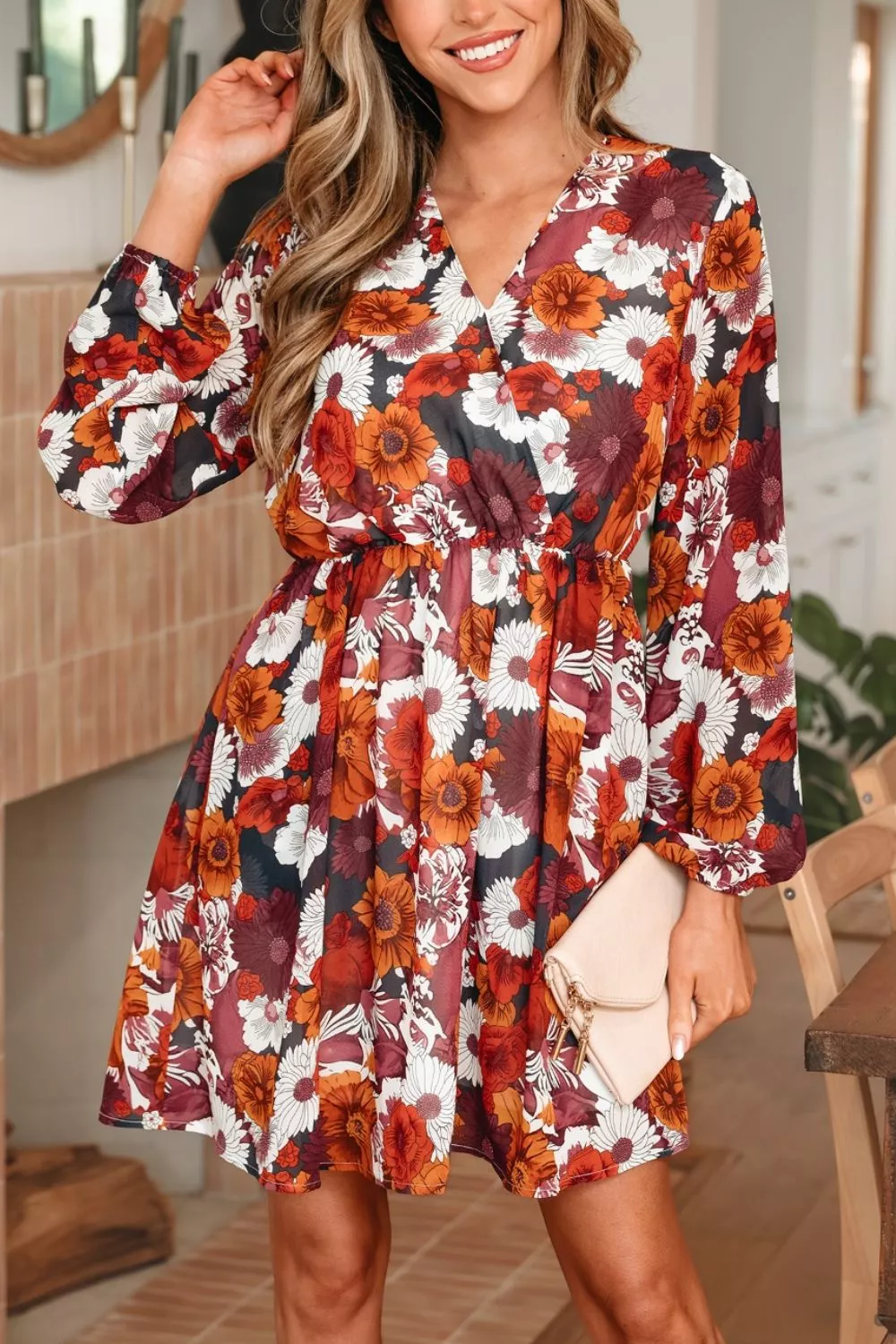 Floral Print Wrap V Neck Puff Sleeve Flowy Mini Dress, image 9