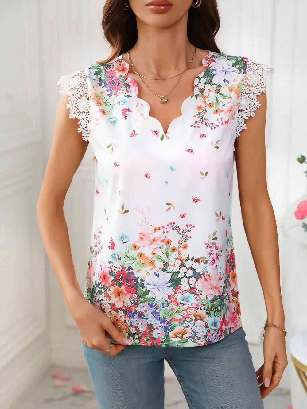 Lace Detail Printed V-Neck Cap Sleeve Blouse, image 2