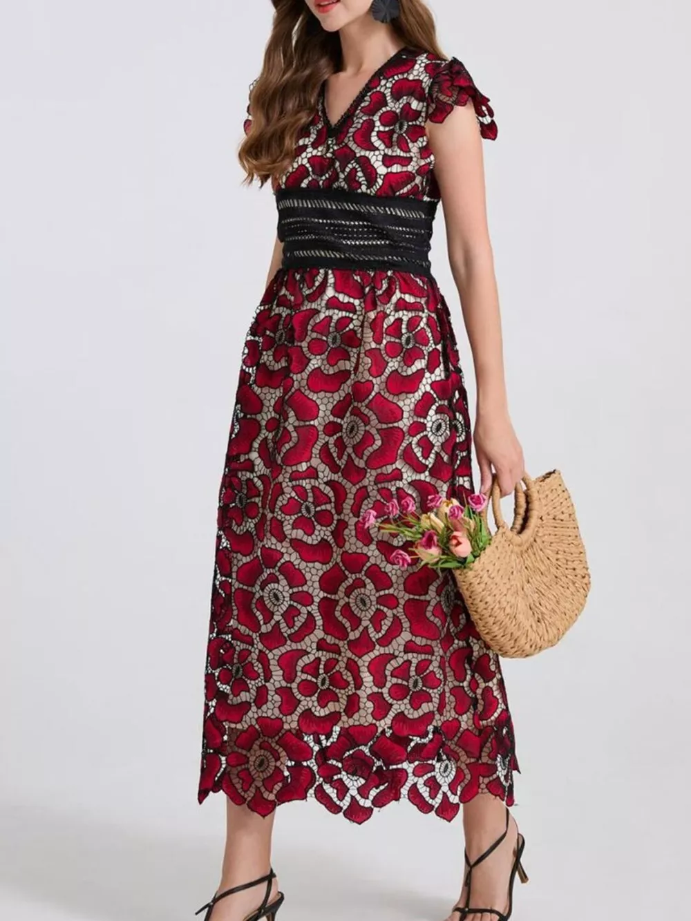Printed V-Neck Ruffle Sleeve Midi Dress, image 18