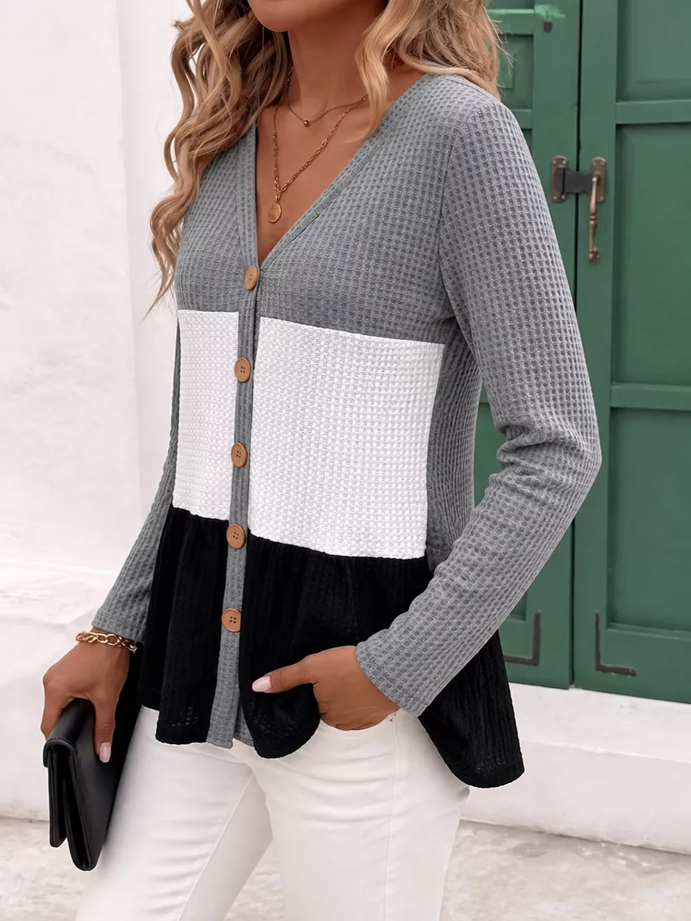Color Block Waffle Knit Button-Down Cardigan, image 4