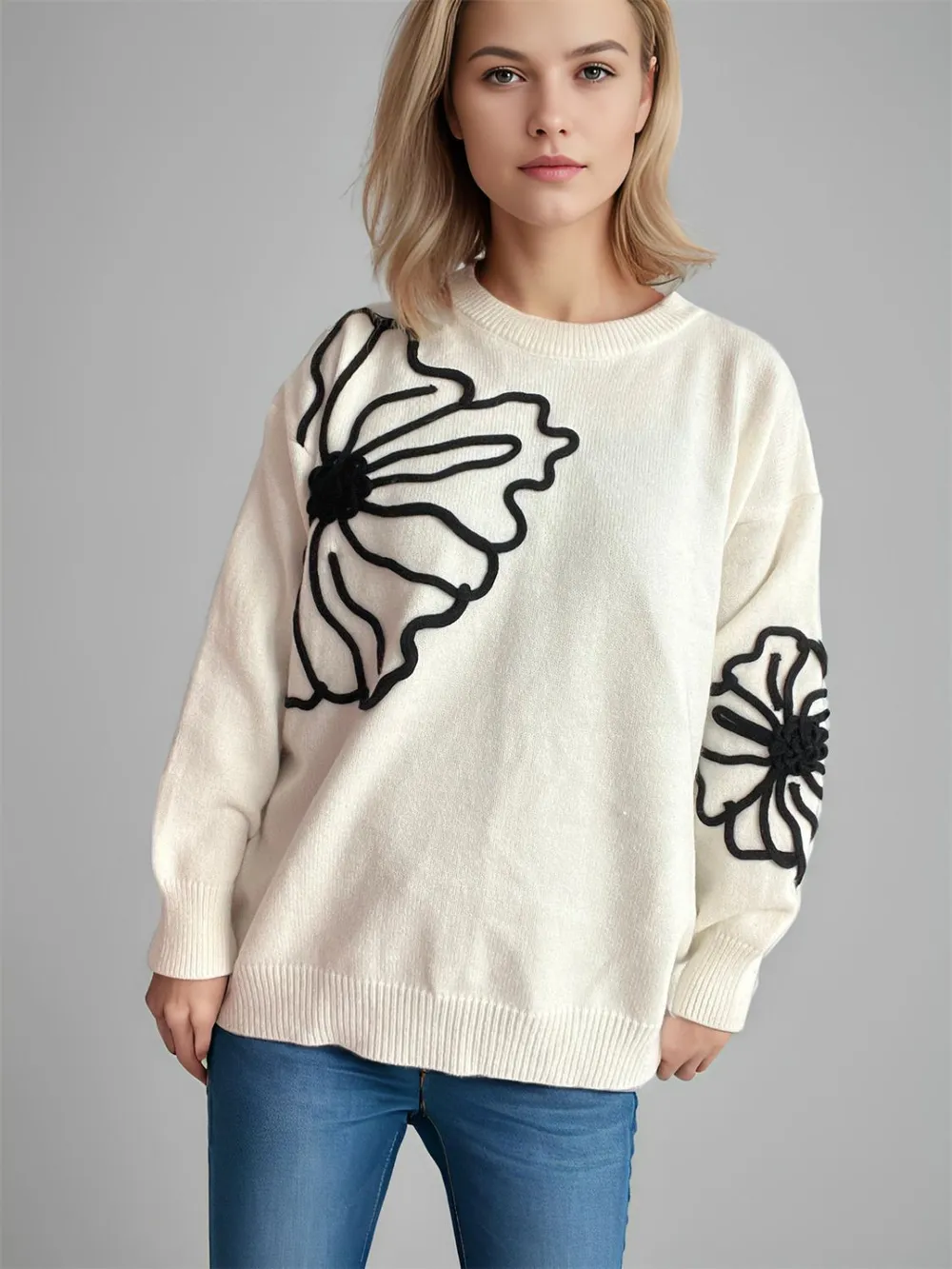 Flower Round Neck Long Sleeve Sweater, image 6