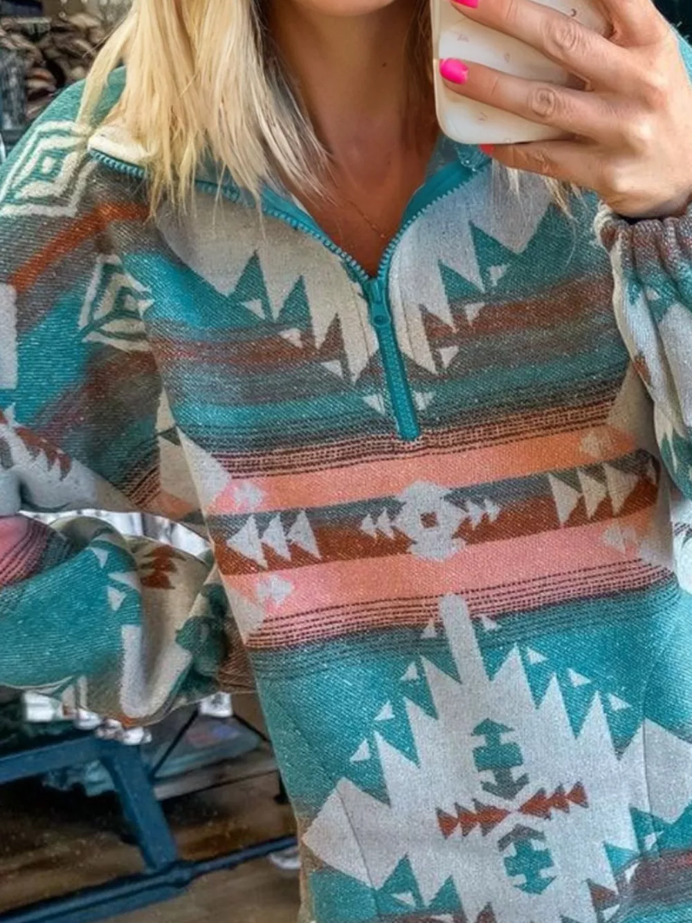 Quarter Zip Elastic Cuffs Aztec Sweatshirt, image 3