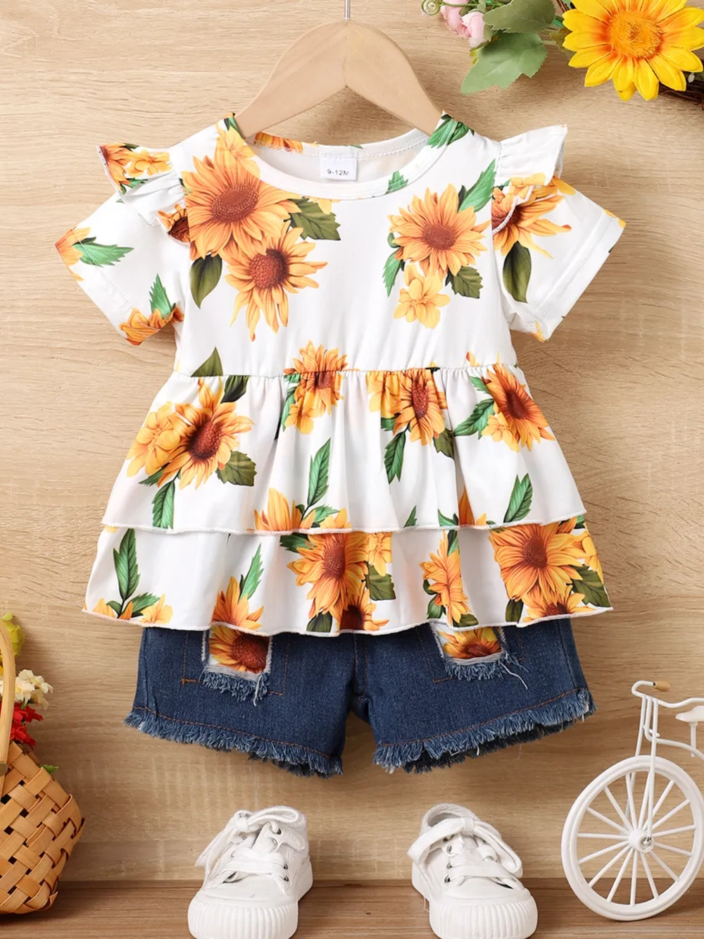 Children's Sunflower Ruffled Short Sleeve Top and Shorts Set