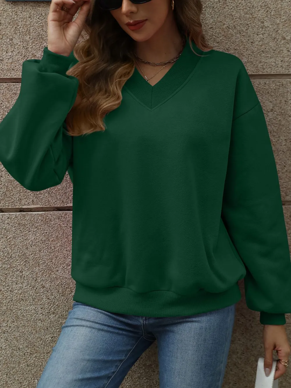 V-Neck Long Sleeve Dropped Shoulder Sweatshirt, image 31