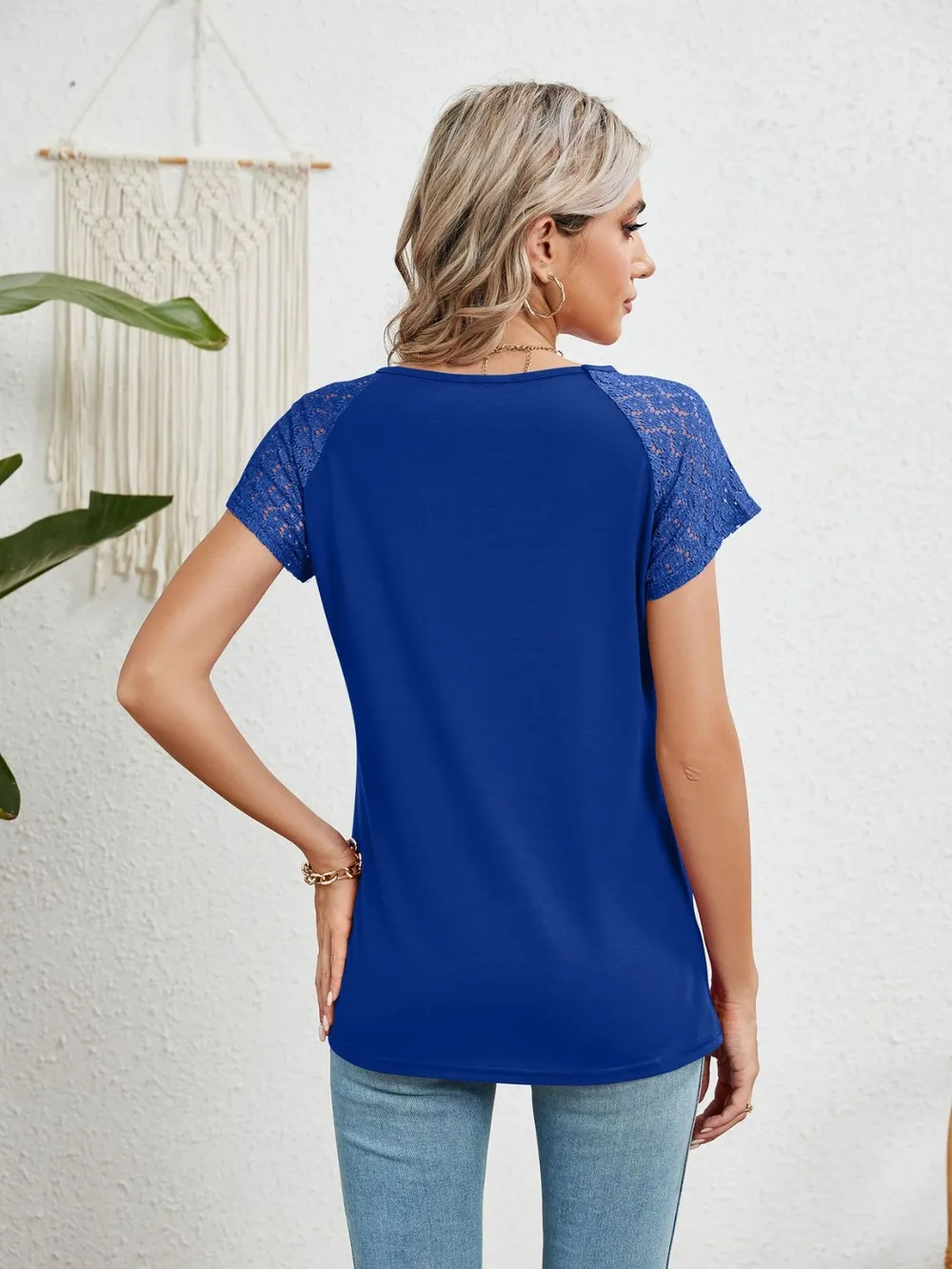 Lace Detail Round Neck Short Sleeve T-Shirt, image 3