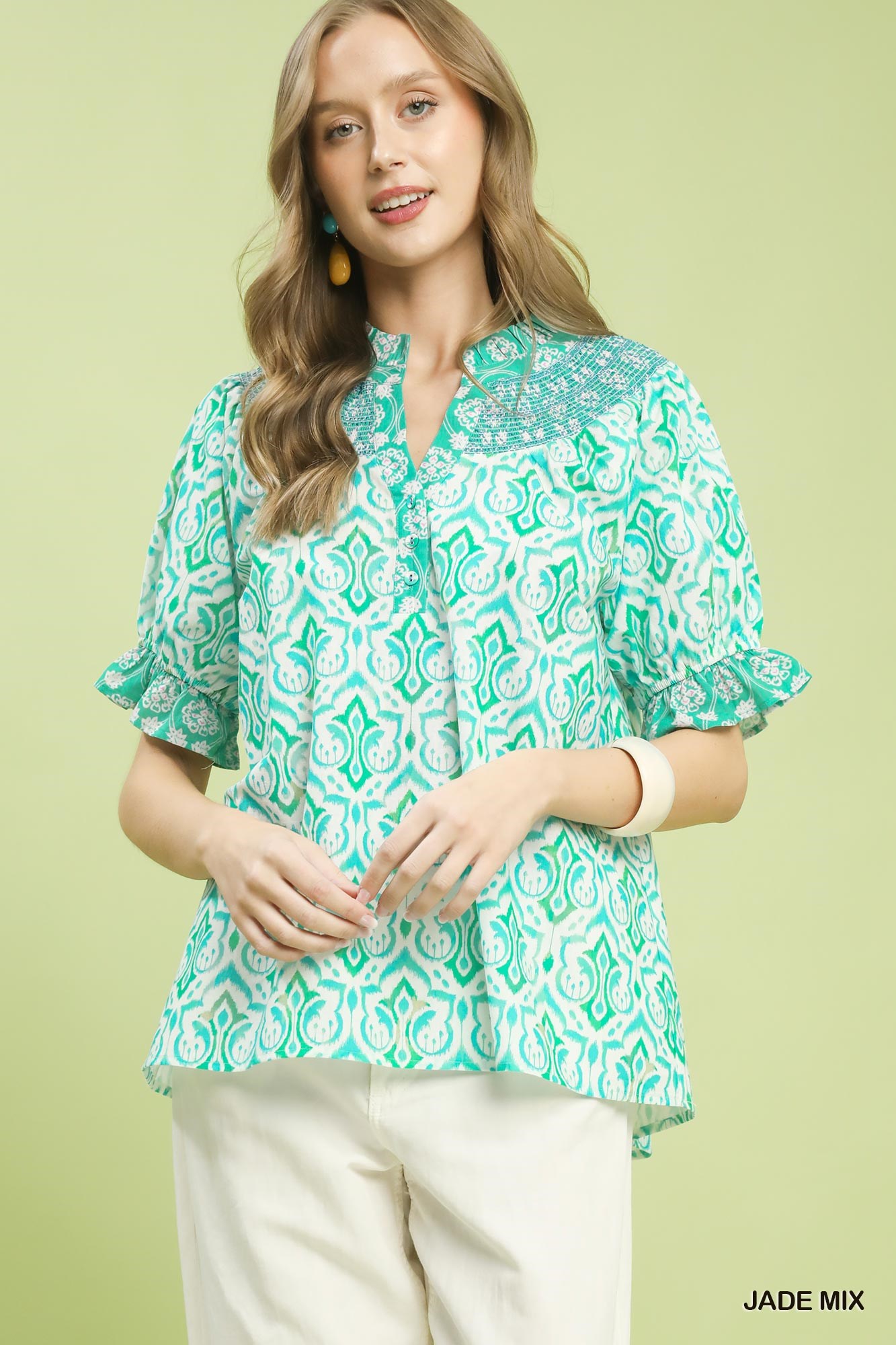 Mix Boho Puff Sleeve Smocked Top