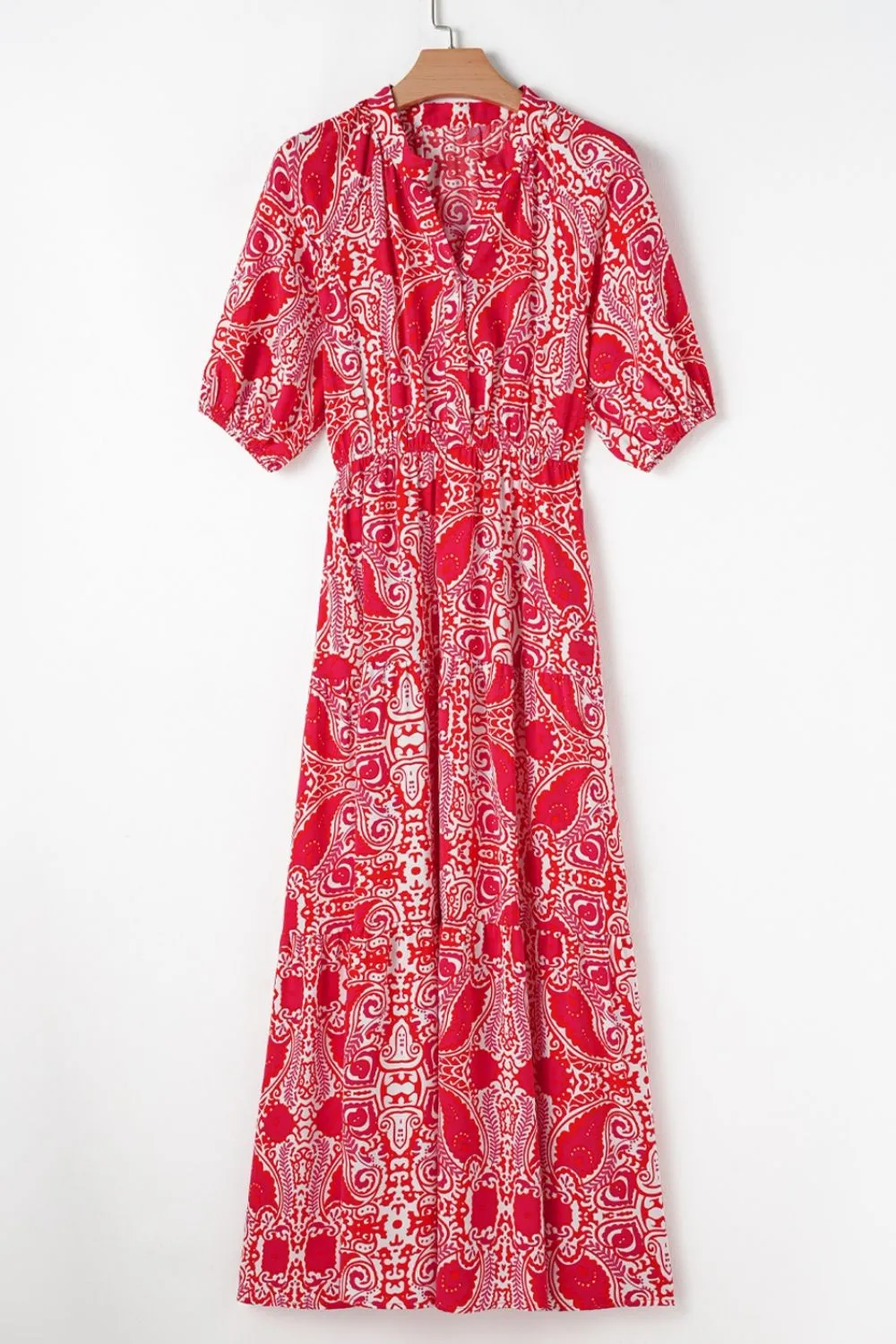 Paisley Print Side Slit Puff Sleeve High Waist Maxi Dress, image 5