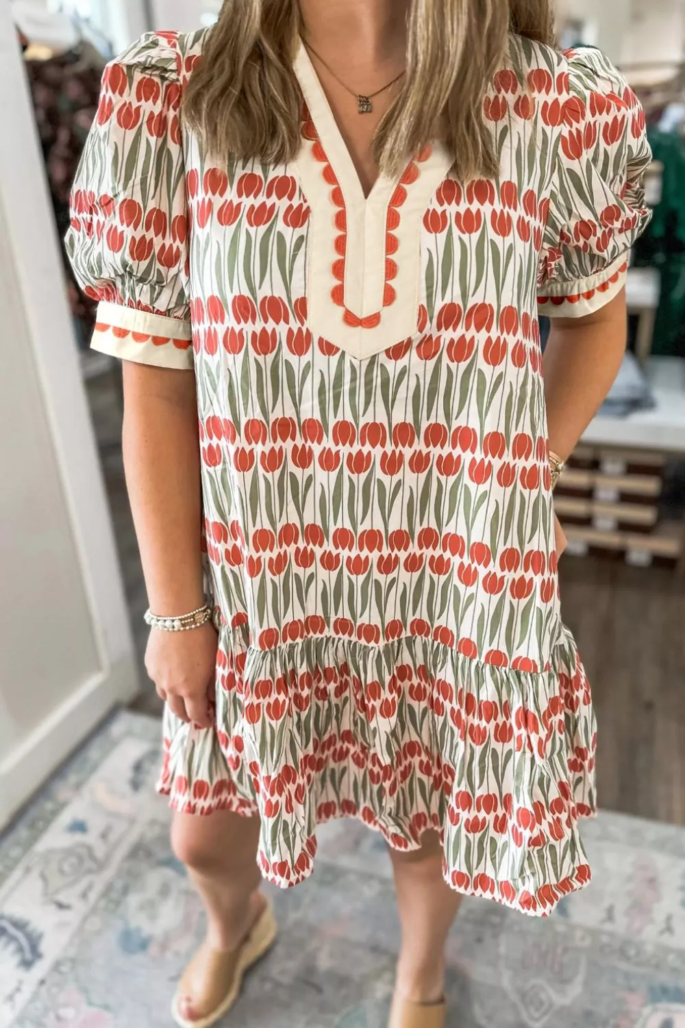Tulip Floral Print Cotton Puff Short Sleeve Mini Dress, image 5