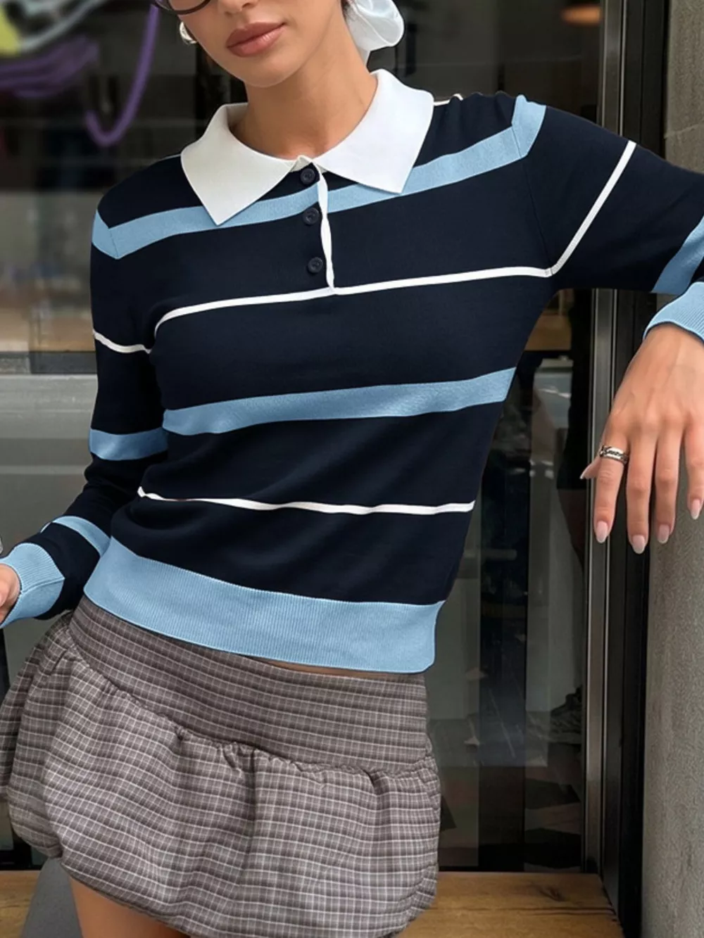 Striped Polo Collar Sweater, image 5