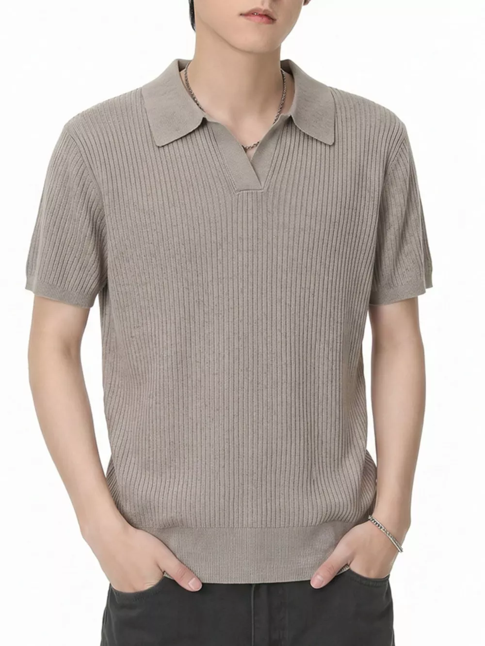 Men's Ribbed Knit Polo Collar Top, image 10