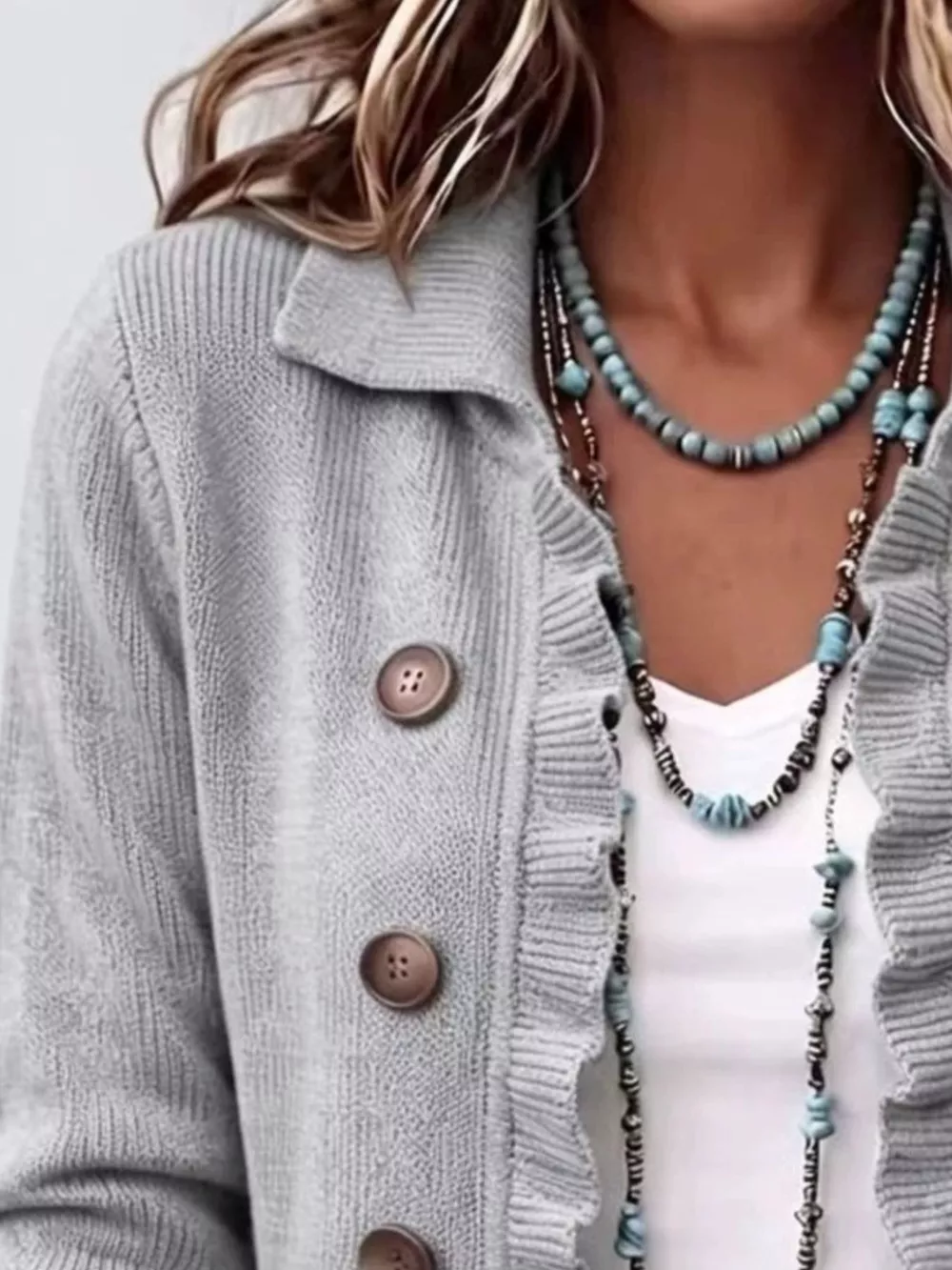 Full Size Ruffled Trim Decorative Button Cardigan Plus Size, image 8