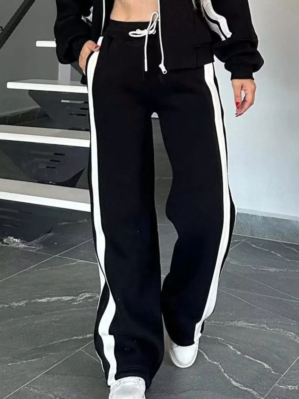 Full Size Contrast Stripe Zip Up Jacket and Pants Set Plus Size, image 6