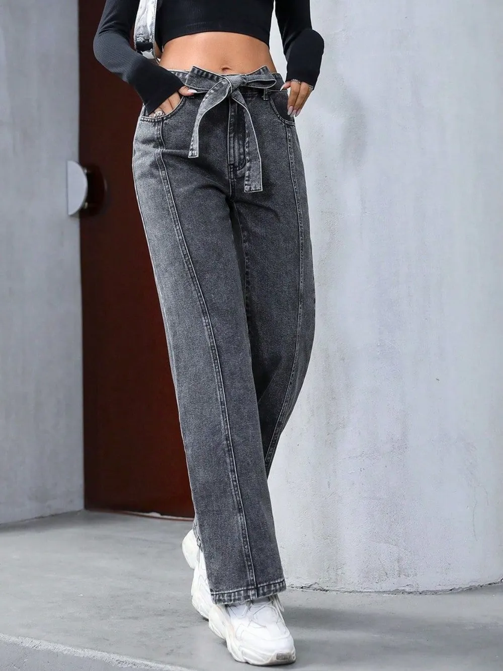 Tied Straight Leg Jeans with Pockets, image 4